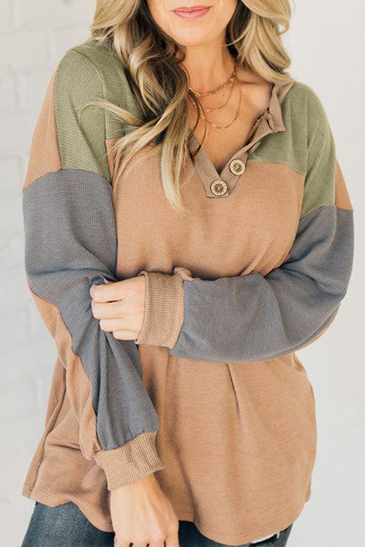 Color Block Thermal Textured Knit Drop Shoulder Henley Top