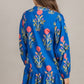 Floral Print Contrast Striped Trim Notched Neck Long Sleeve Dress