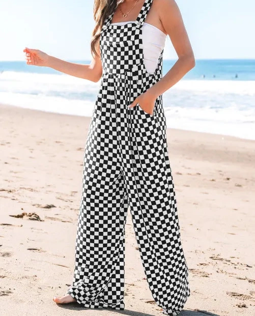 Black Checkered Print Pocketed Wide Leg Jumpsuit