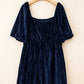 Velvet Ruched Bust Square Neck Short Puff Sleeve Plus Dress