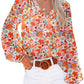 White Floral Print V Neck Long Puff Sleeve Top
