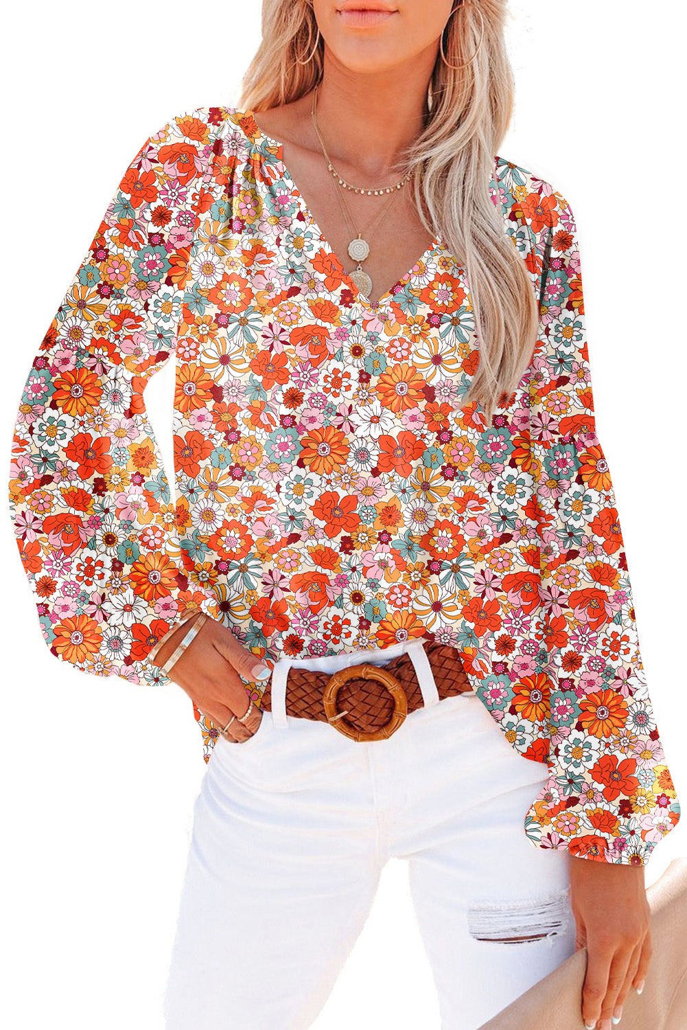 White Floral Print V Neck Long Puff Sleeve Top