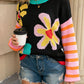Cute Flower Pattern Striped Sleeve Sweater