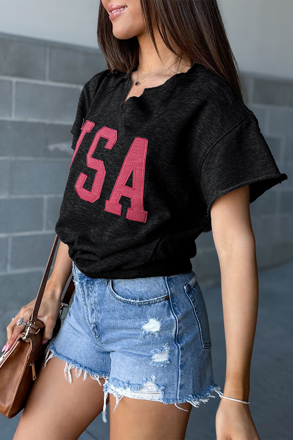 USA Patch Notched Neck Loose Tee