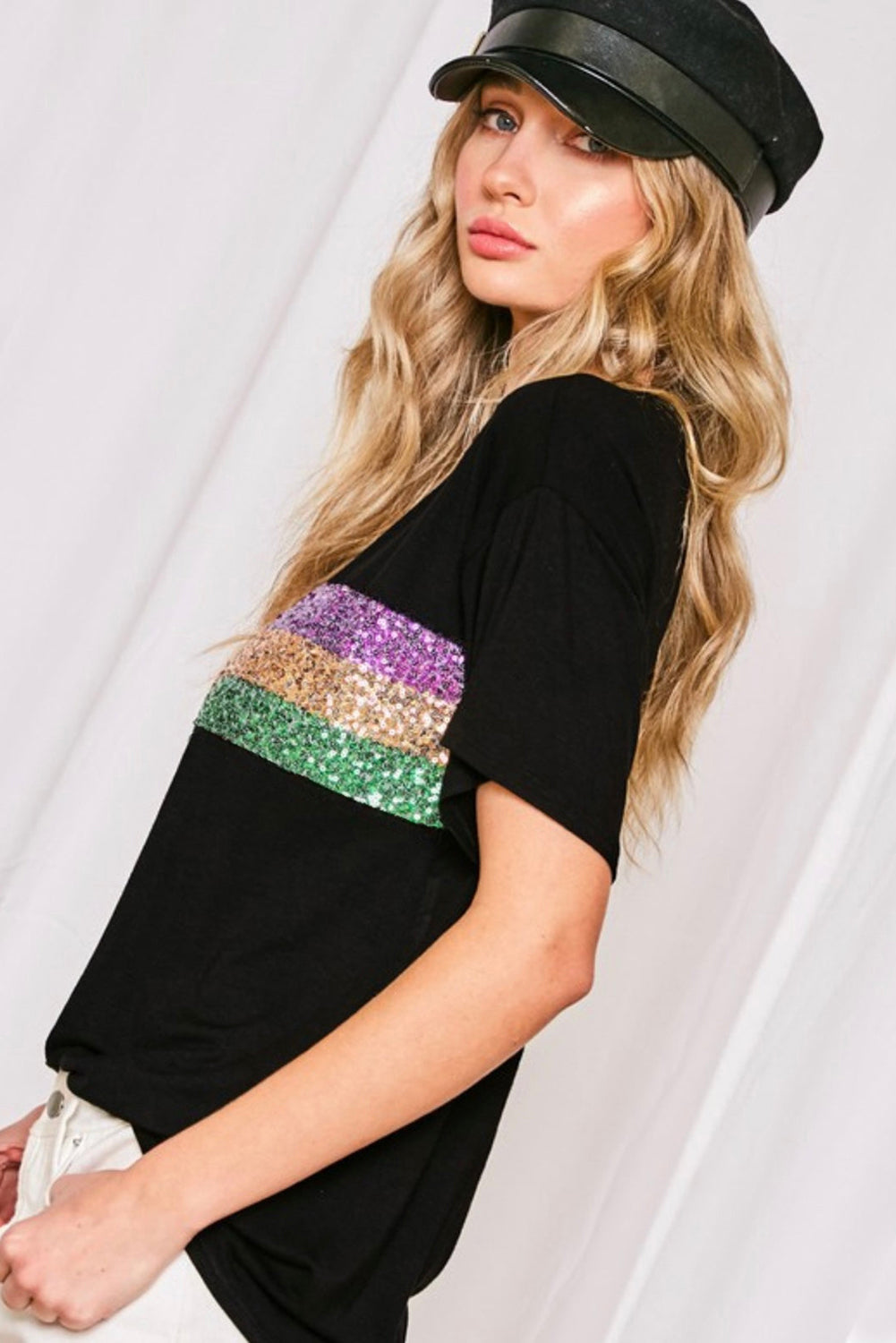 (Preorder 1.1)Mardi Gras Sequin Stripes Patchwork T Shirt