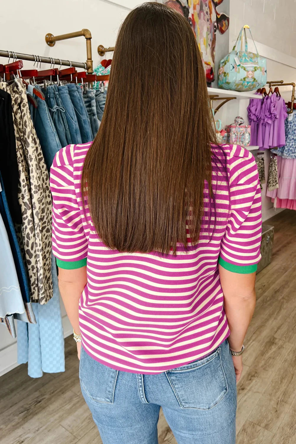 Sleeve Contrast Trim Round Neck Tee