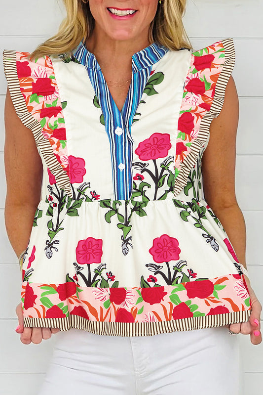 Floral Print Tie Neck Striped Detail Flutter Sleeve Blouse