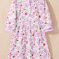 Floral Print Striped Trim Frilled Neck 3/4 Sleeve Flared Mini Dress
