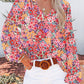 White Floral Print V Neck Long Puff Sleeve Top