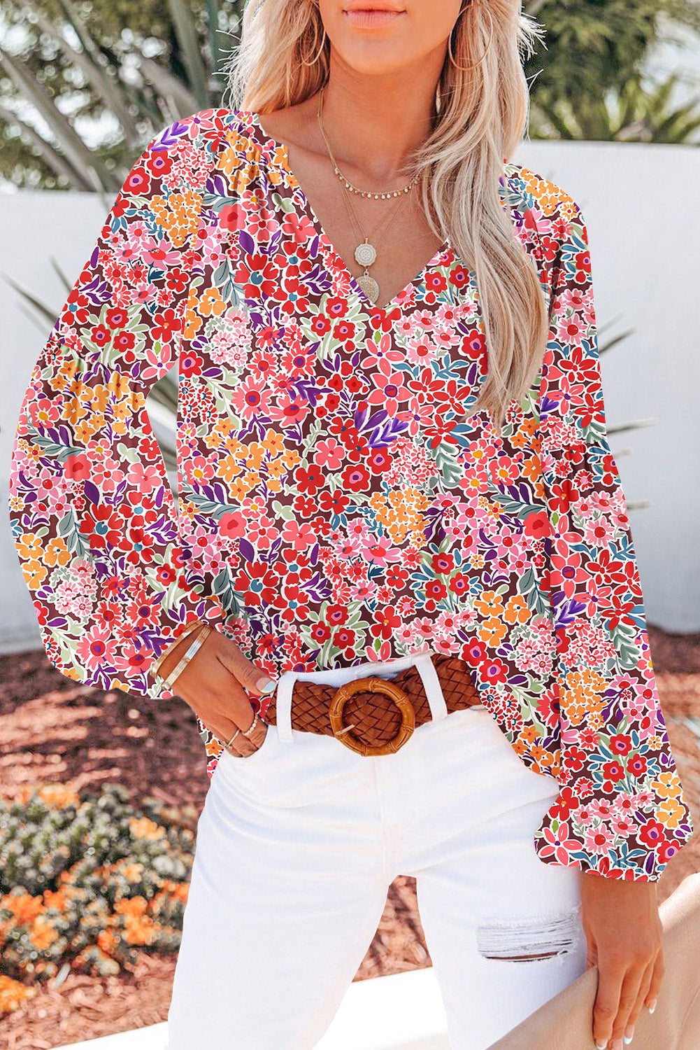 White Floral Print V Neck Long Puff Sleeve Top