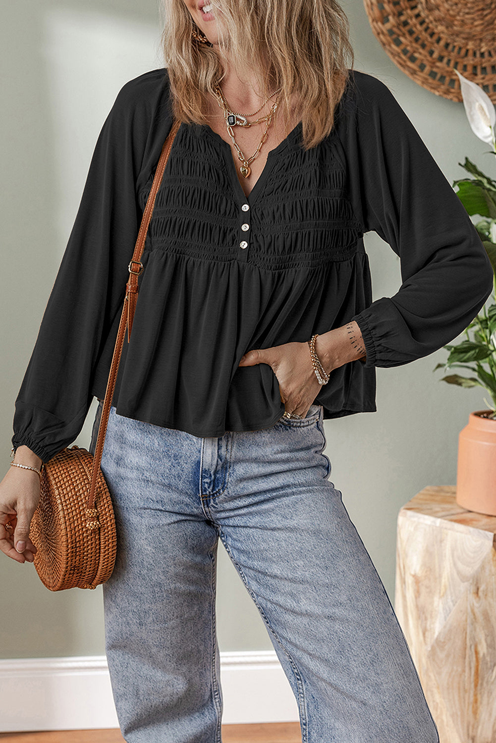 Smocked Bust Buttoned Split V Neck Flow Fit Blouse