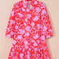 Red Floral Three Quarter Sleeves Ruffle Hem Mini Dress