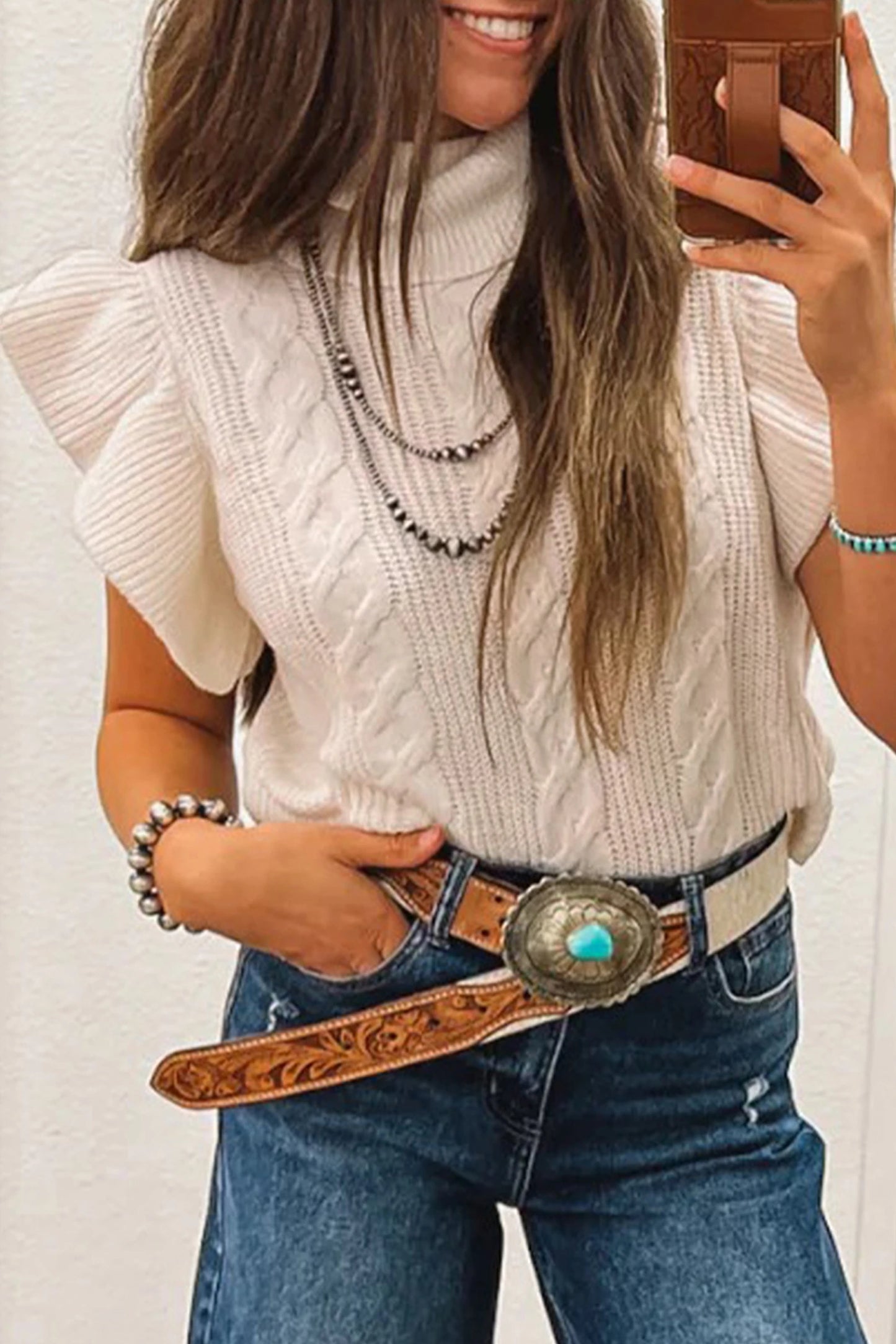 Turtleneck Ruffled Short Sleeve Sweater