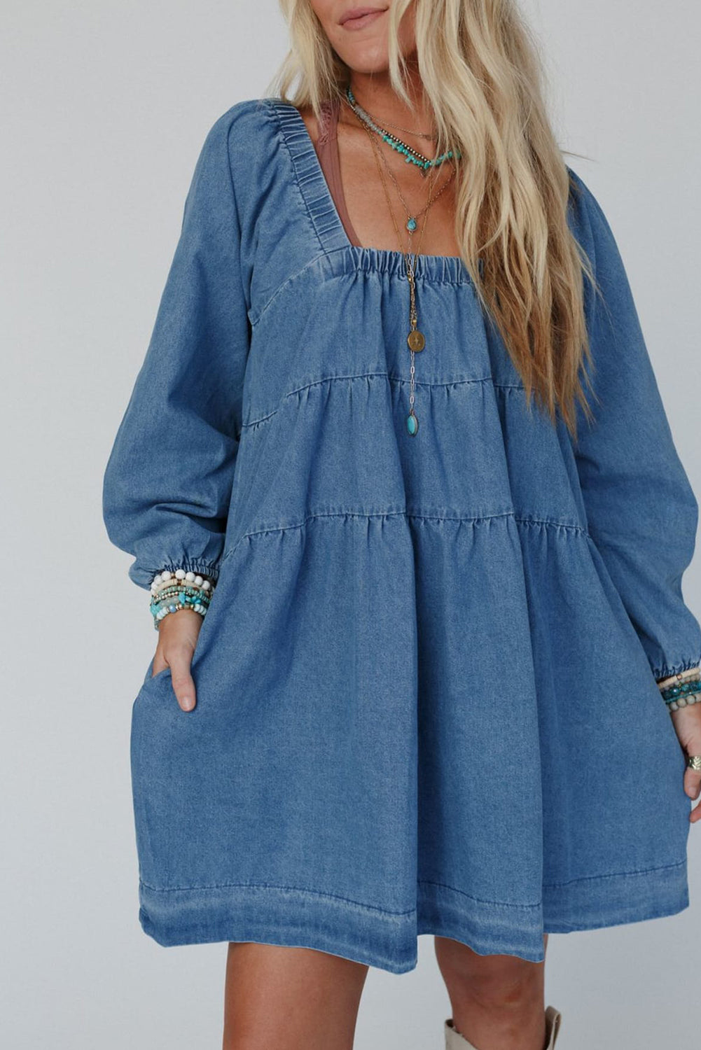 Square Neck Pockets Denim Dress