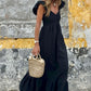 V Neck Flutter Sleeve Smocked Bodice High Waist Ruffle Maxi Dress