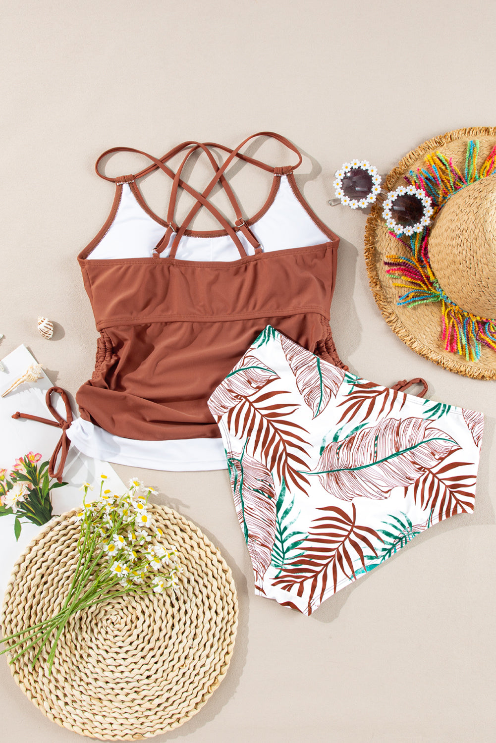 Drawstring Tummy Control Mix-and-match 2pcs Tankini Swimsuit