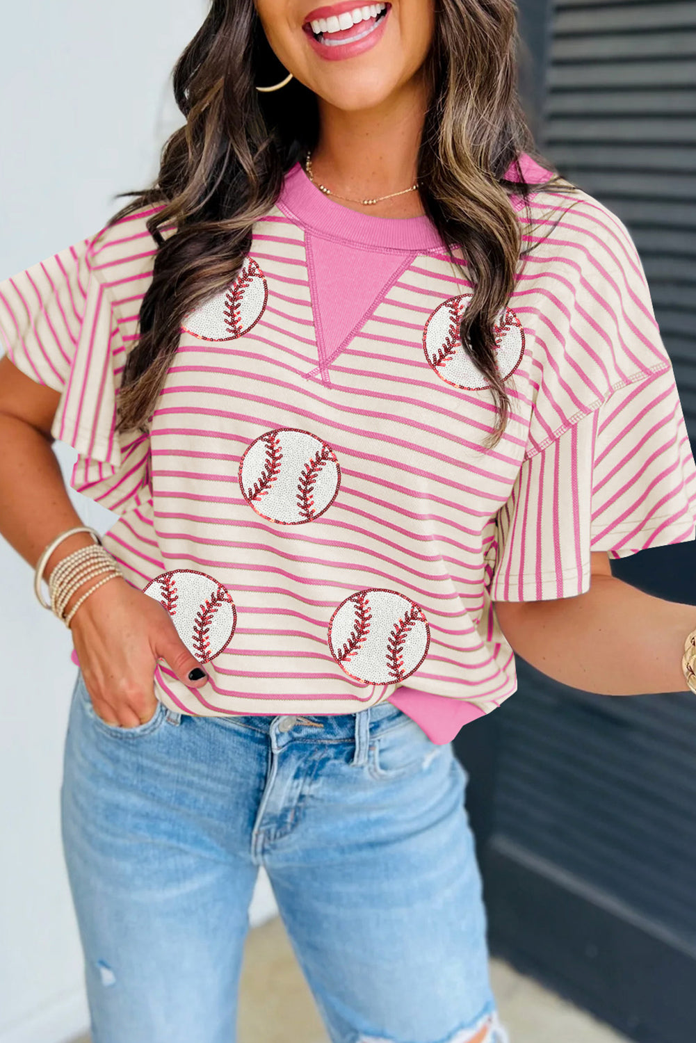 Sequin Baseball Pattern Striped Ruffle Sleeve Round Neck Knit Top