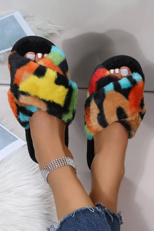 Plush Color Block Cross Strap Home Slippers