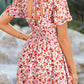 Red Floral Print Smocked High Waist Short Sleeve Bubble Hem Dress