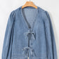 Tied Front Long Puff Sleeve Denim Top