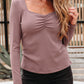 Gathered Bust Square Neck Ribbed Fit Long Sleeve Top