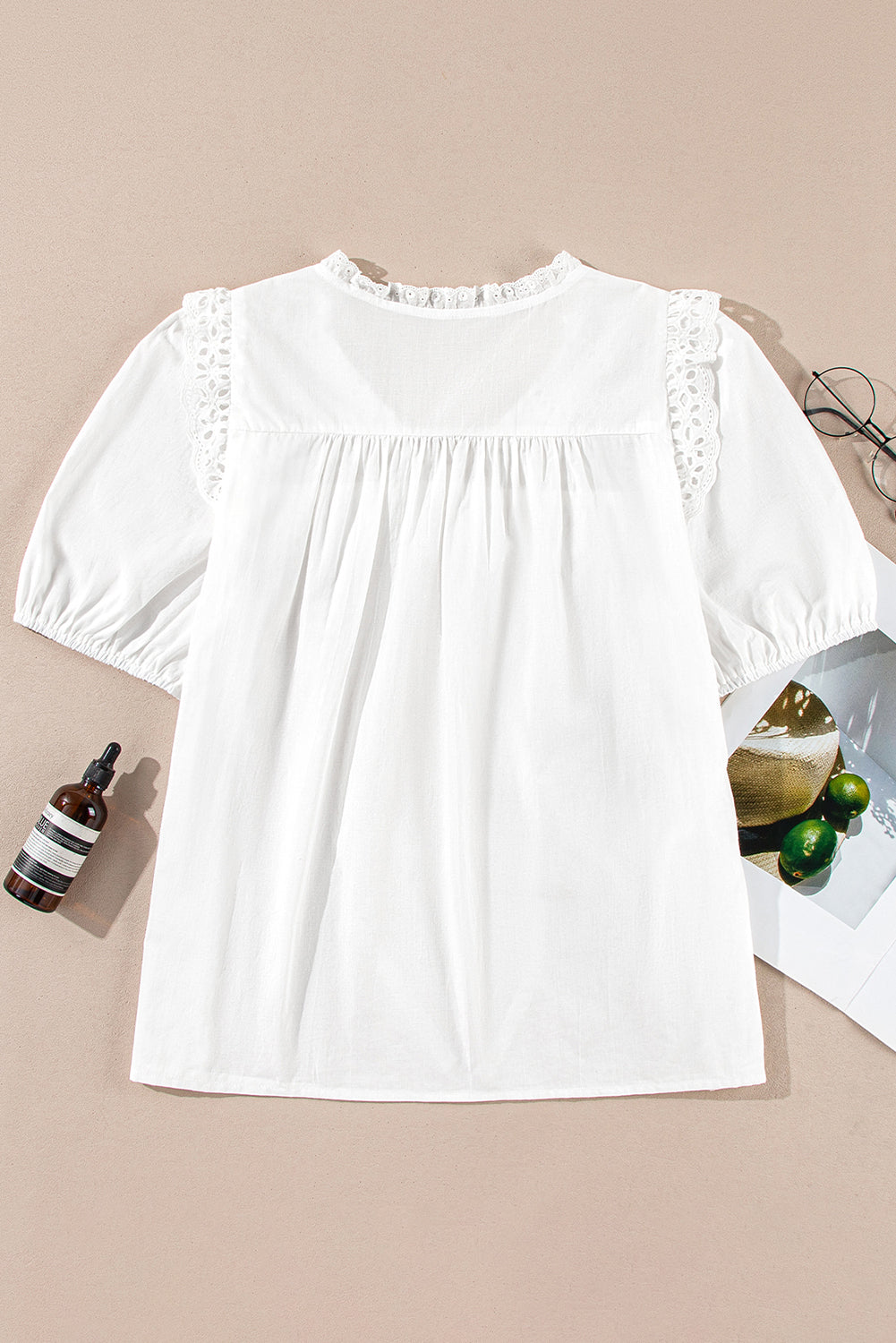 Embroidered Lace Patchwork Tie Neck Puff Short Sleeve Blouse