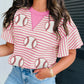 Sequin Baseball Pattern Striped Ruffle Sleeve Round Neck Knit Top