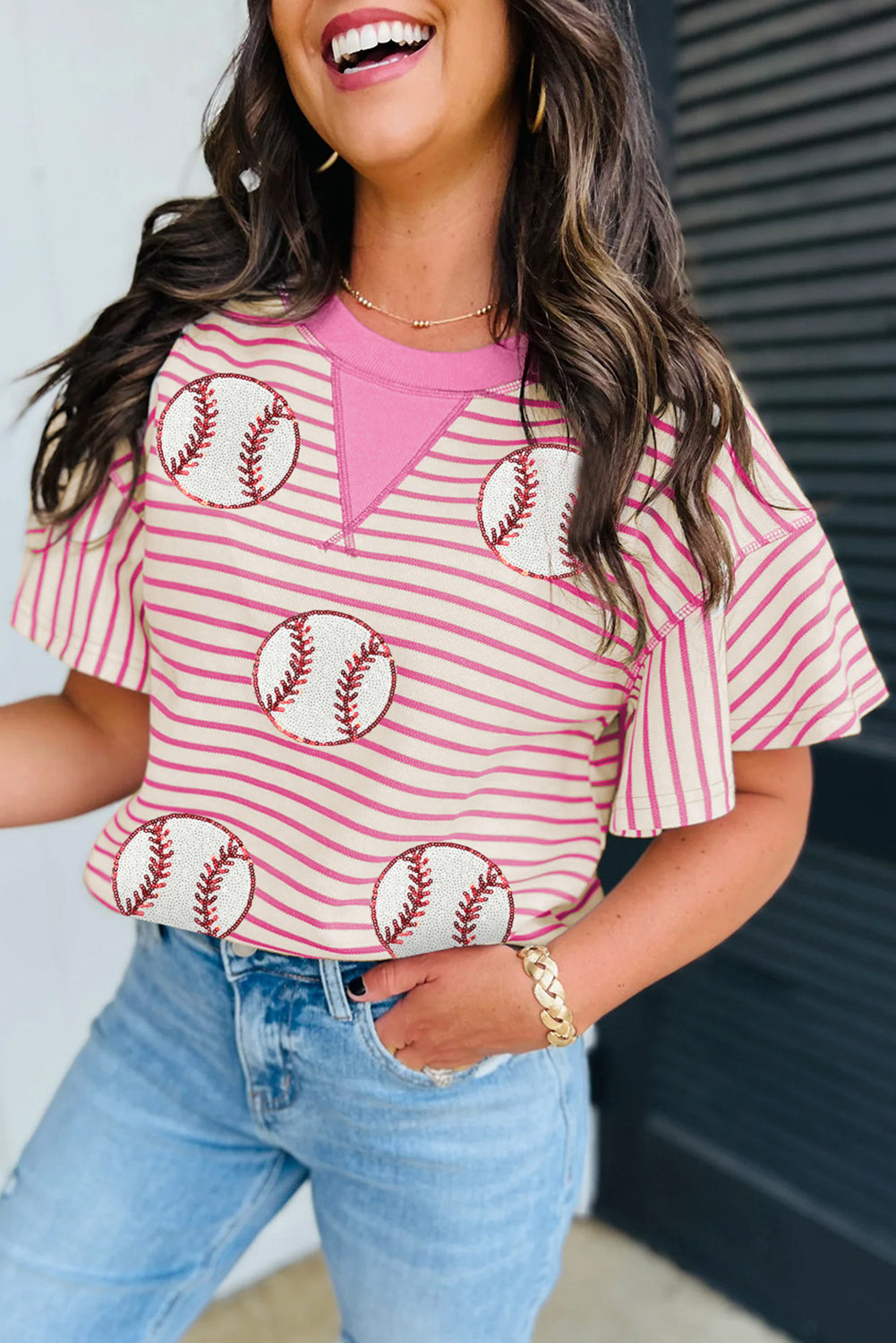 Sequin Baseball Pattern Striped Ruffle Sleeve Round Neck Knit Top