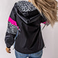 Leopard Color Block Pockets Zip-up Hooded Jacket