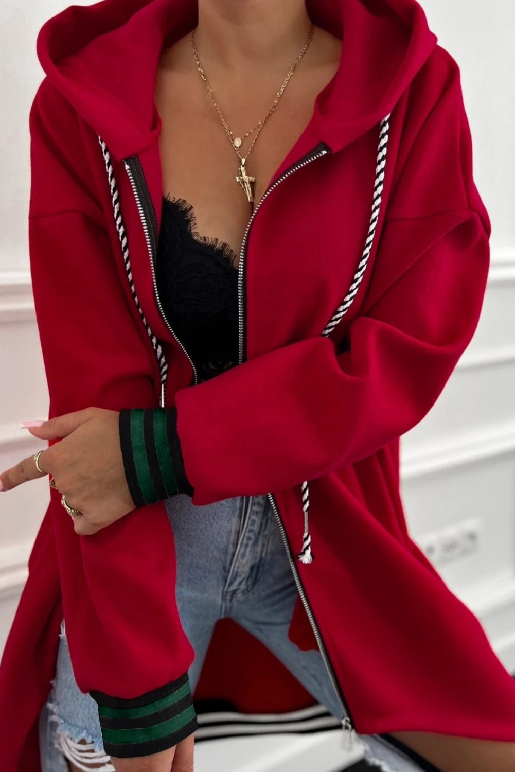Cuffed Drop Shoulder Zip up Tunic Hoodie