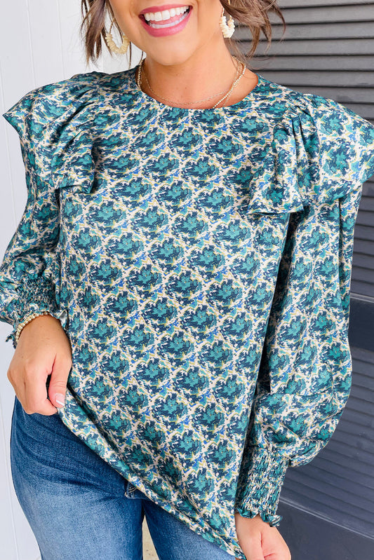 Abstract Print Shirred Cuff Puff Sleeve Blouse