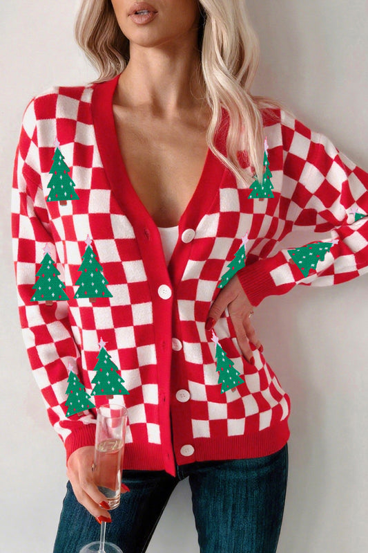 Christmas Tree Pattern Button V Neck Cardigan Sweater
