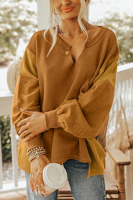 Oversized Mixed Textured Split Neck High Low Patchwork Sweatshirt