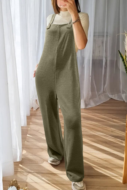 Solid Color Knit Loose Straight Leg Casual Overall Jumpsuit