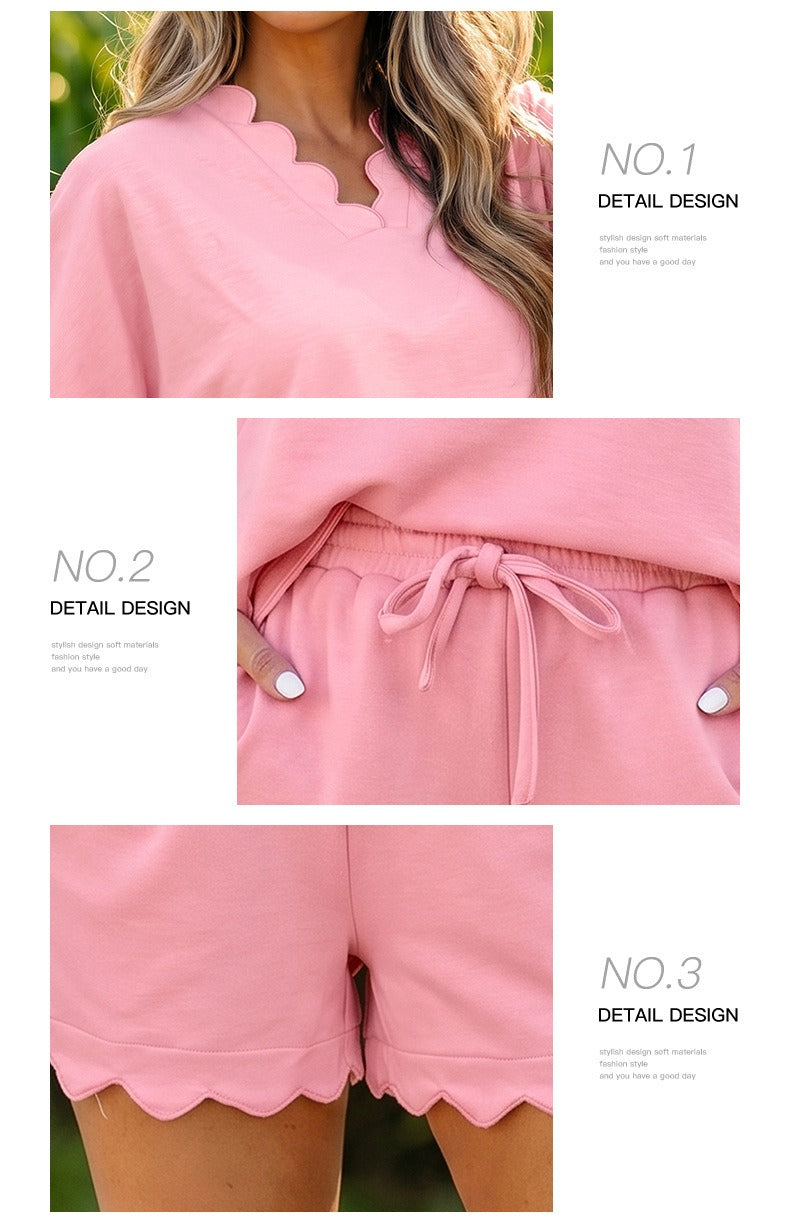 Gossamer Pink Scalloped V Neck Dolman Oversize Top Drawstring Short Set