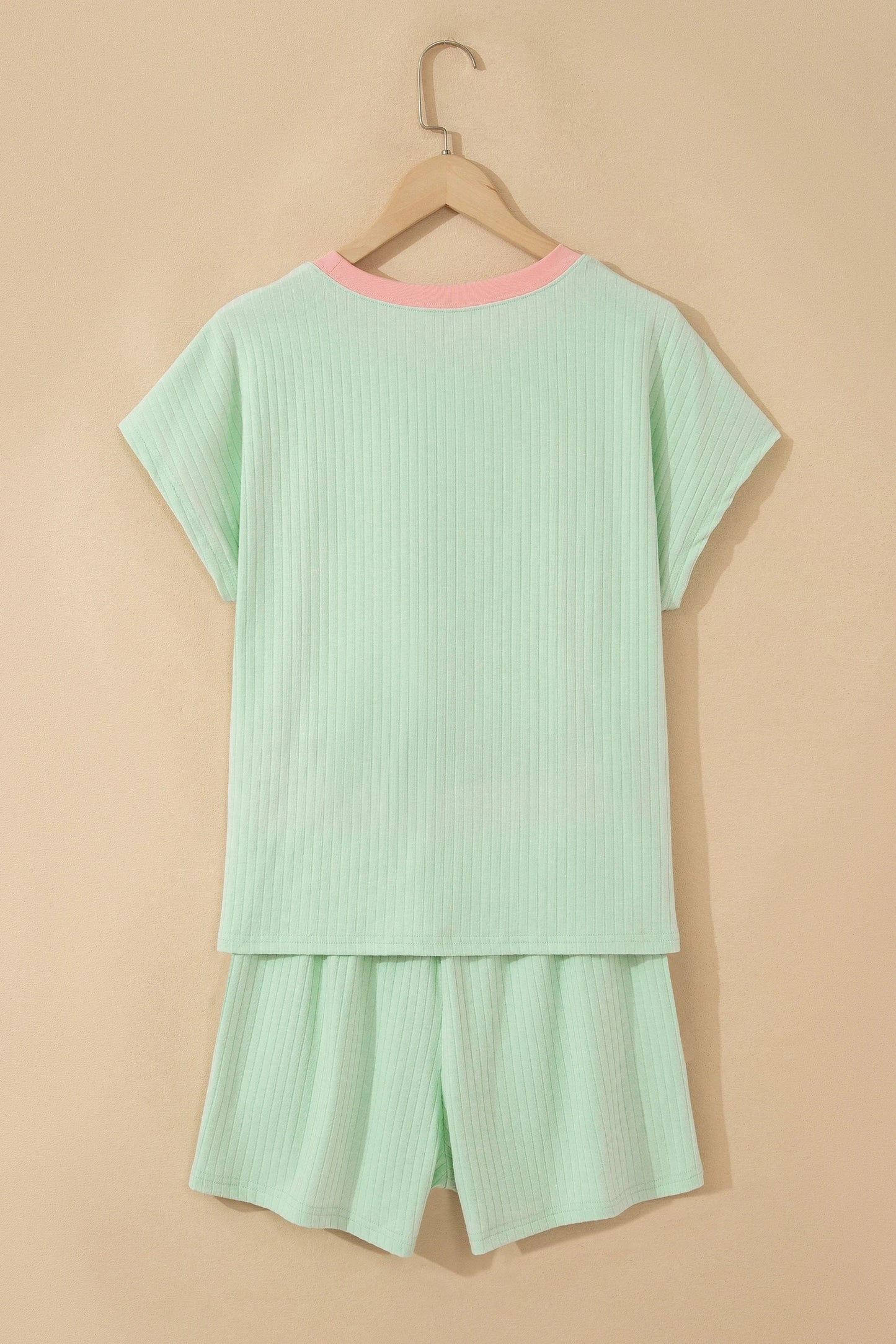 Cream Soft Ribbed Color Block Trim Casual Short Set
