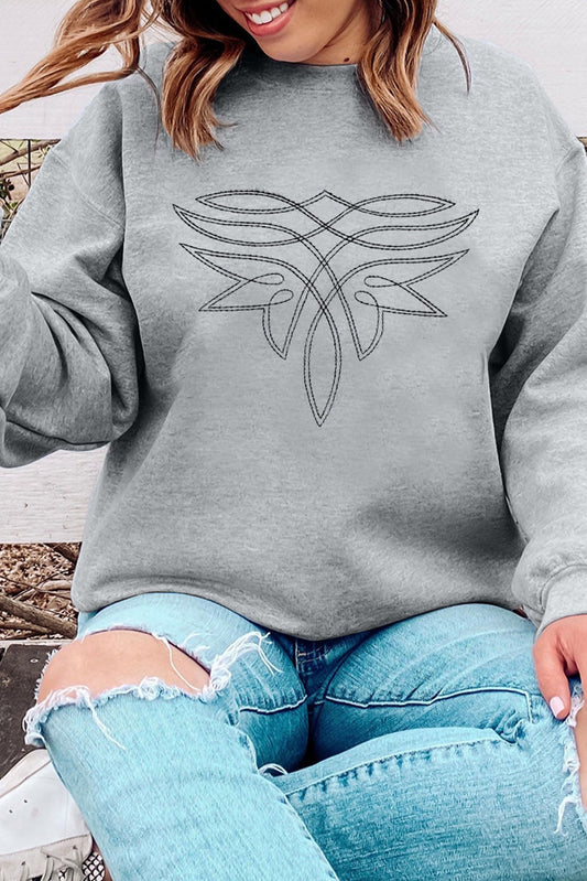 Western Pattern Embroidered Drop Shoulder Pullover Top