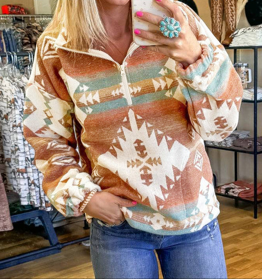 Quarter Zip Elastic Cuffs Aztec Sweatshirt