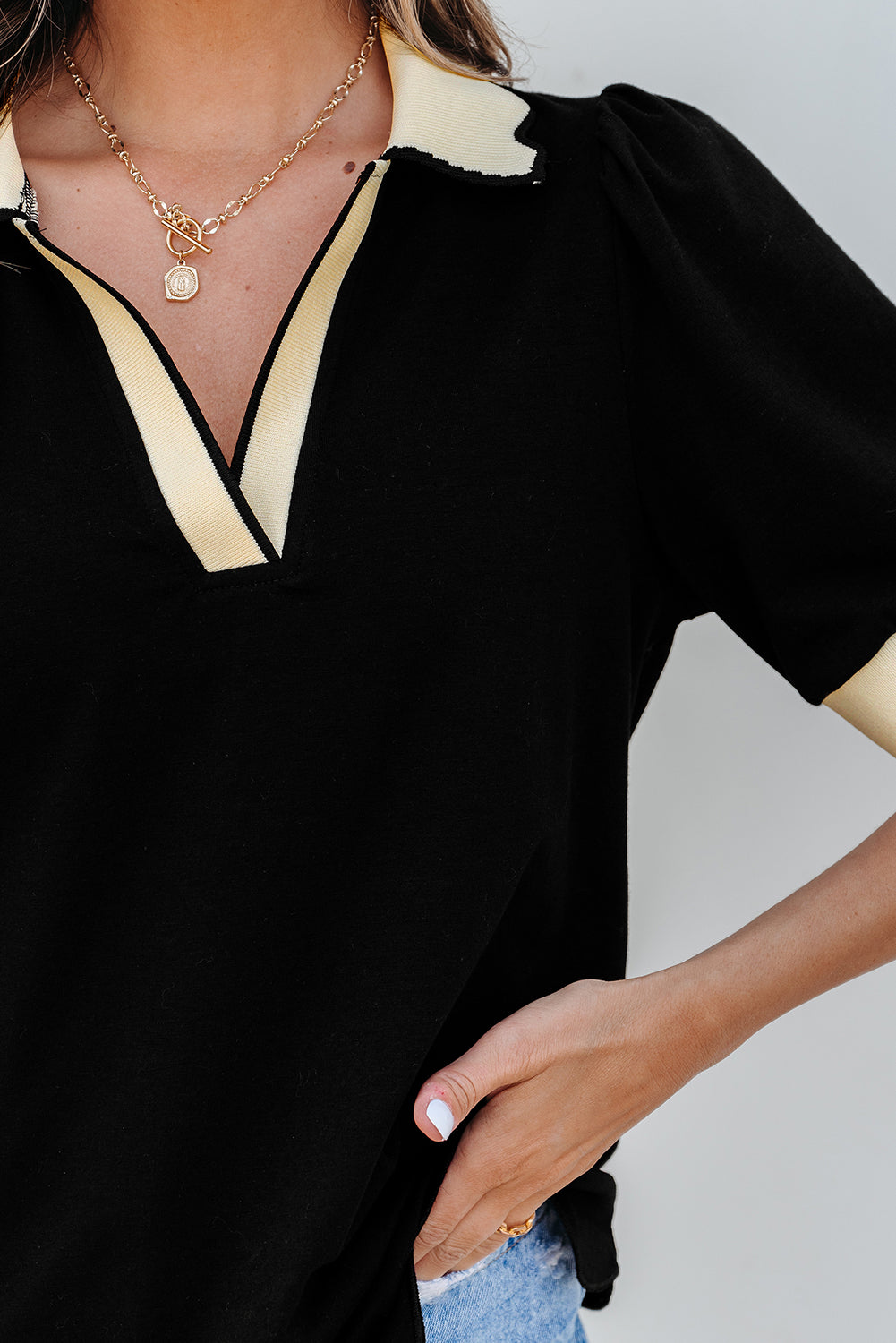 Scallop Trim Color Block Long Sleeve Collared Top