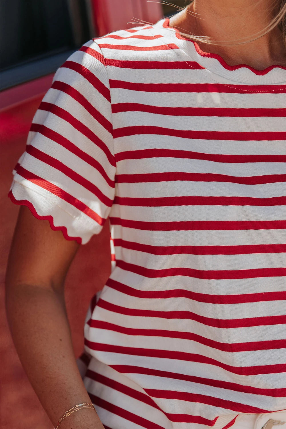 Scalloped Trim Round Neck T Shirt