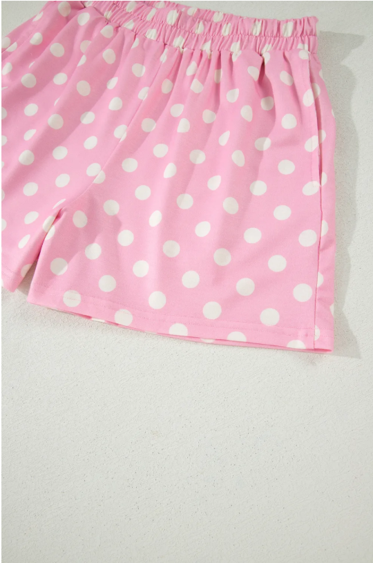 Polka Dot Print Color Block Trim Mock Neck Short Set