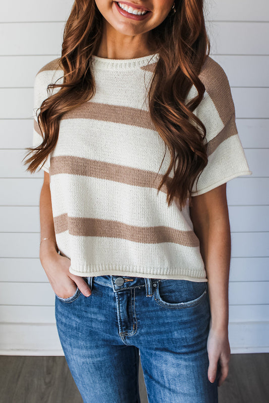 Stripe Dropped Short Sleeve Lightweight Knitted Top