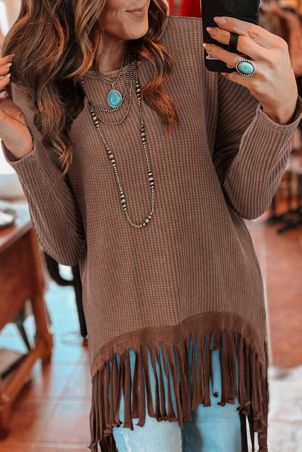 Waffle Knit Fringed High Low Loose Top