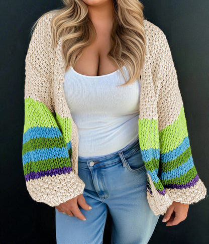 Color Block Crochet Open Front Plus Size Cardigan