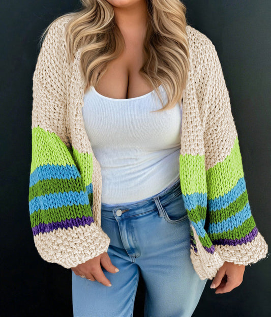 Color Block Crochet Open Front Plus Size Cardigan