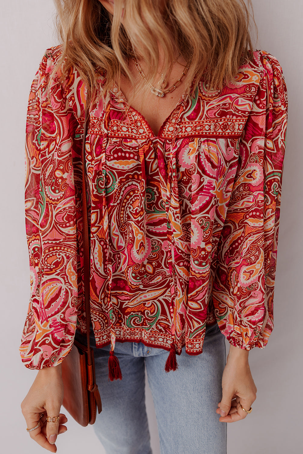 Ethnic Paisley Print Tassel Tie Puff Sleeve Boho Blouse
