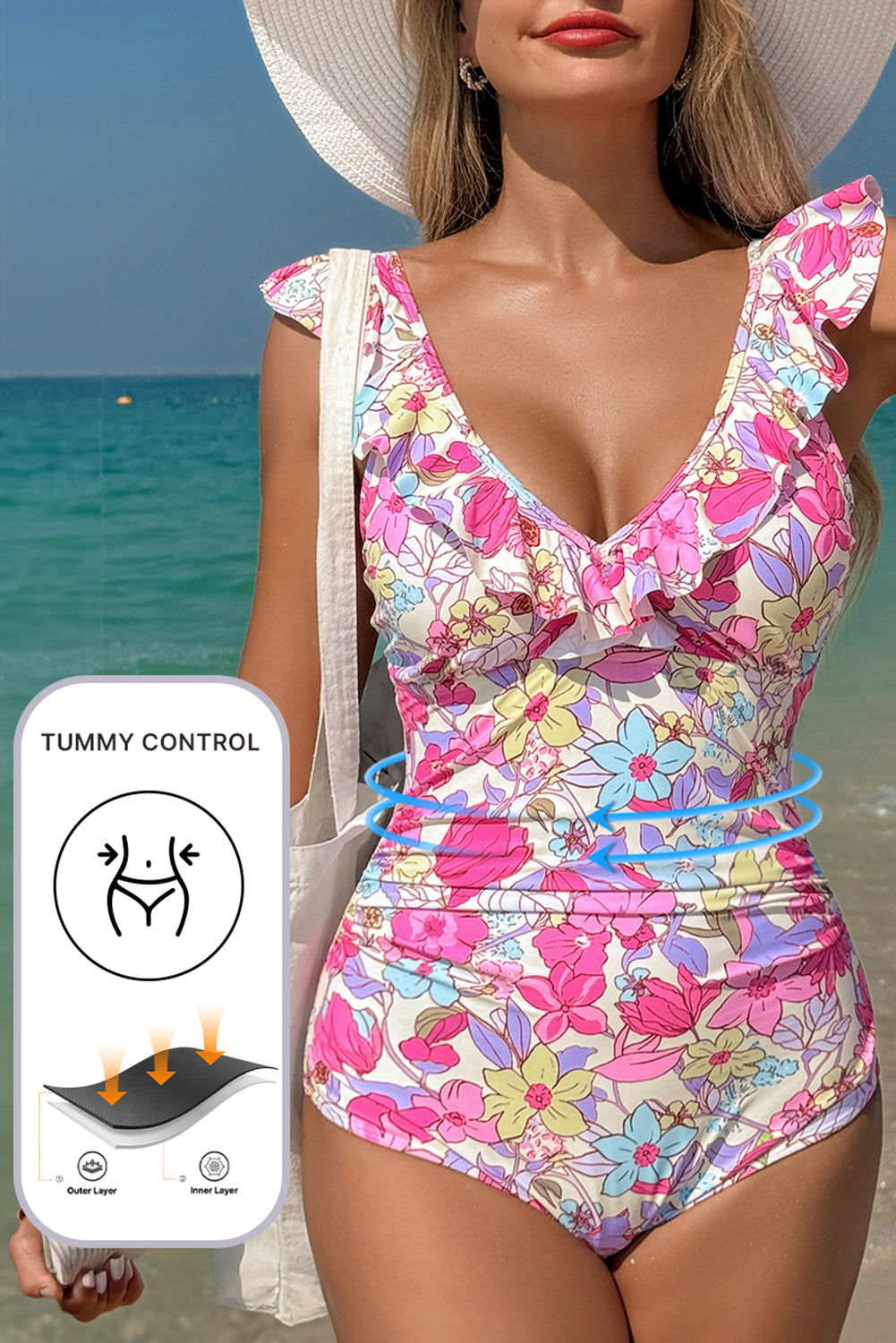 Floral Ruffle Trim V Neck Lace-up Back Tummy Control One Piece Swimsuit