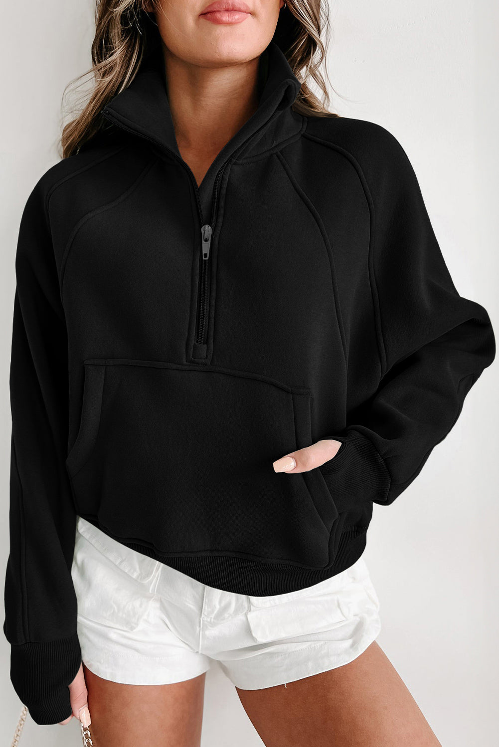 Zip Up Stand Collar Thumbhole Sleeve Sweatshirt