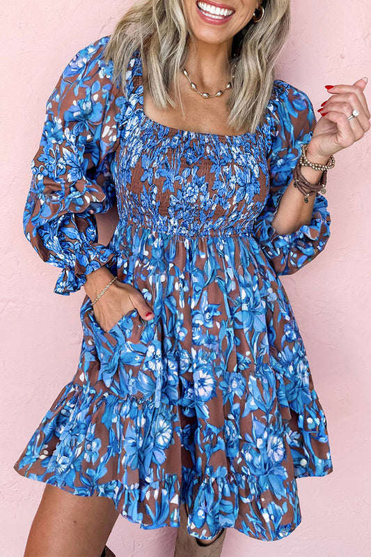 Smocked Bodice High Waist Ruffled Sleeve Floral Dress