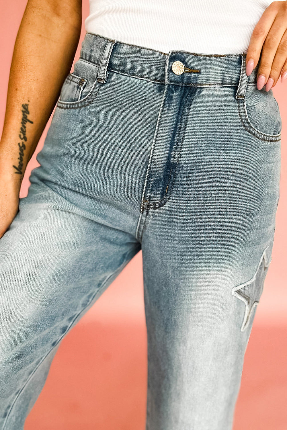 Star Patchwork Cropped Wide Leg High Waist Jeans
